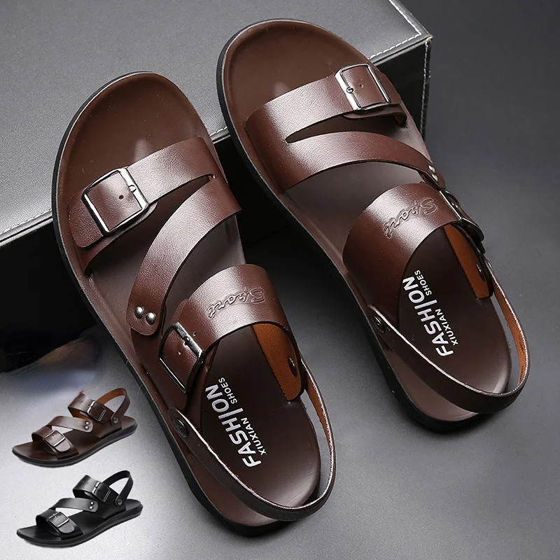 Crossfit Male - Sandal pantai kulit PU pria, Kasut